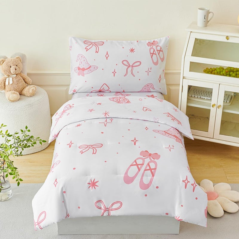 PERFEMET 4 Pieces Bow Comforter for Toddler Girls Reversible Bowknot Pink Toddler Bedding Set Ultra Soft Lightweight Princess Crib Bed Set with Sheets - Image 1